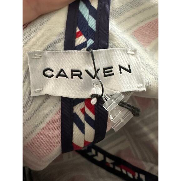 CARVEN Geometric One-Shoulder Ruffle Abstract Top Blouse Red White Blue Nautical - Picture 3 of 5